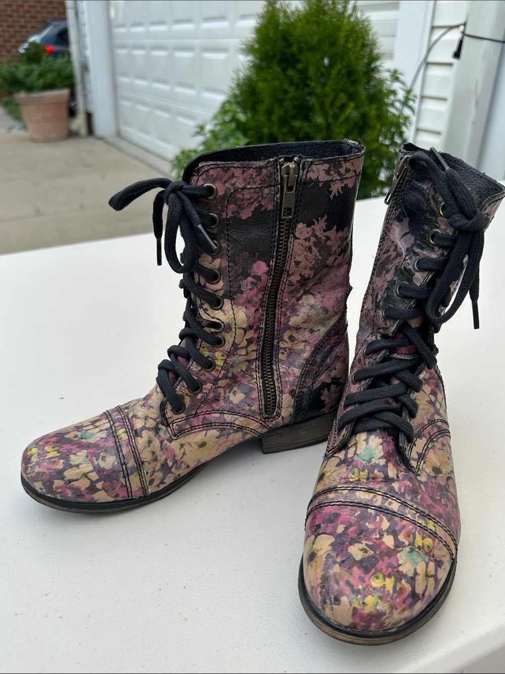 Steve Madden Floral Lace-Up Combat Boots in Pink Multi